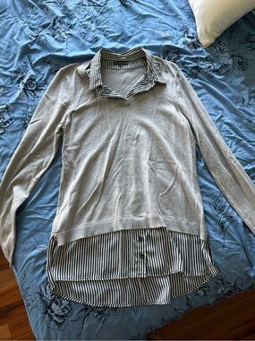 Adrianna Papell Layered Look Striped Collar Sweater Top — Gray & Black/White